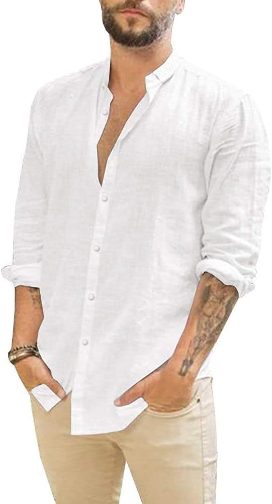 JEKAOYI Mens Summer Casual Long Sleeve Cotton Linen Shirts Button Up Solid Plain Roll-Up Sleeve Beach T Shirts