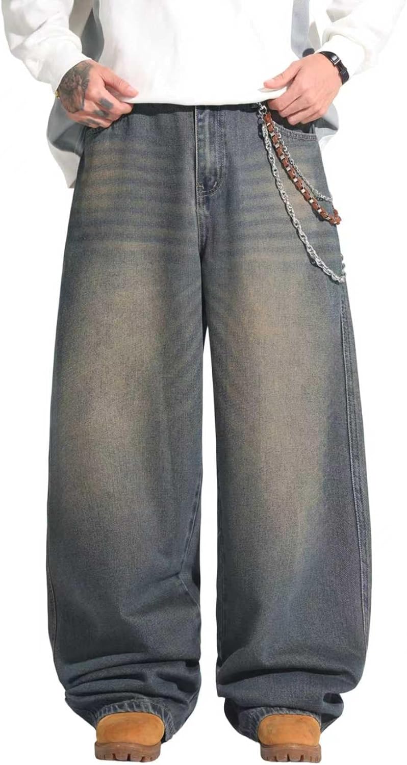 DFGIGT Hip Hop Baggy Jeans for Men Stylish Wide Leg Skater Jeans Loose Fit Denim Pants Streetwear