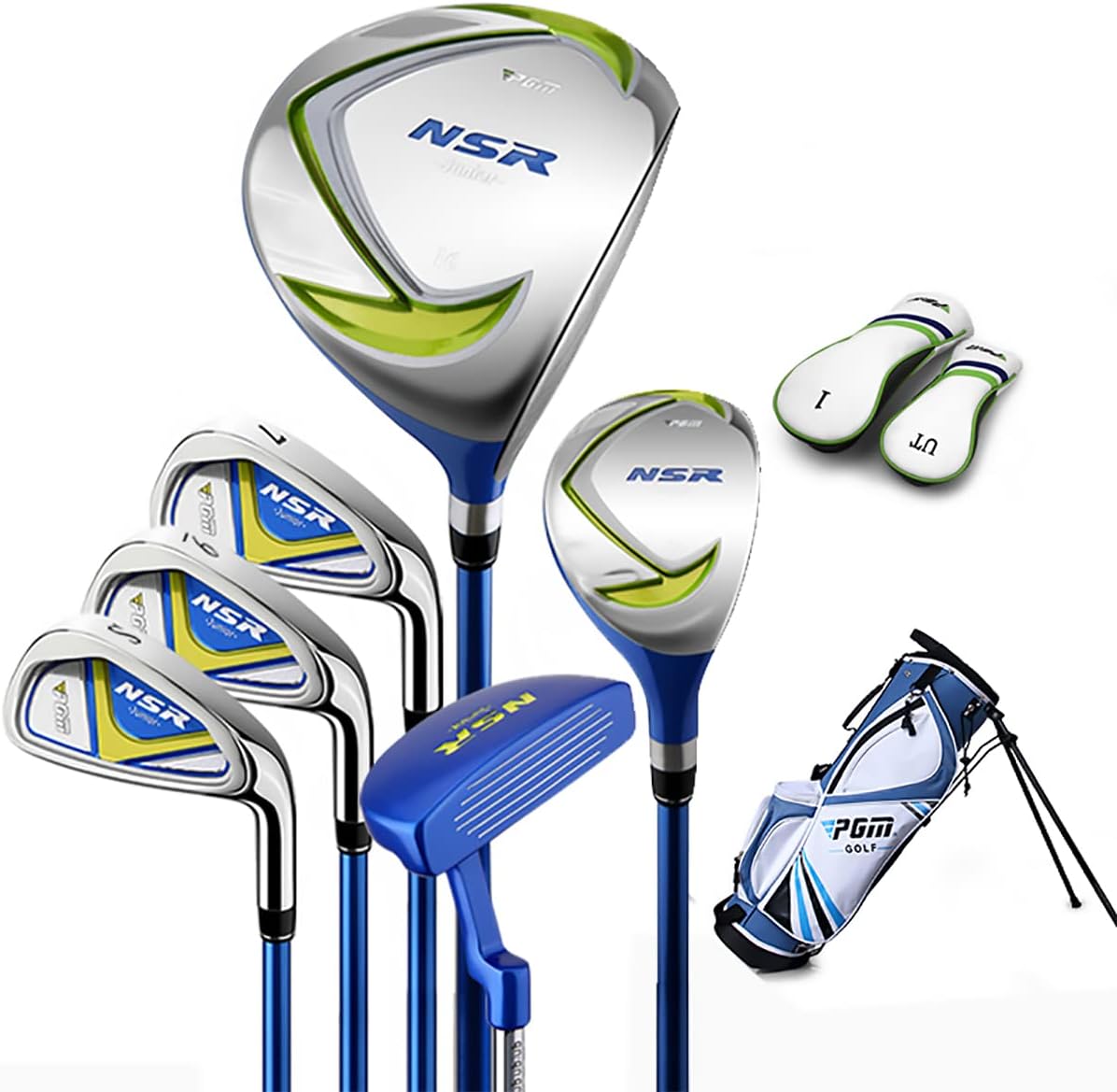 PGM Junior Golf Club Complete Set Includes Driver, Hybrid, 7, 9, Wedge Irons, Putter, Stand Bag Right Handed for Children Kids, 6 Pieces Youth Golf Clubs with 2 Headcovers for Boys & Girls