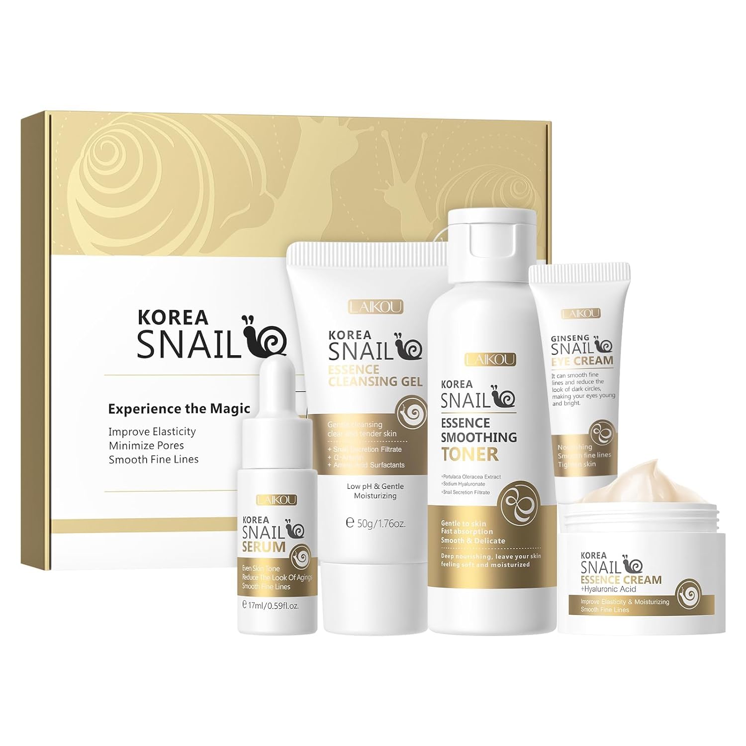 LAIKOU Korean Skin Care, Skin care set, Skin Care Kit Snail and Ginseng with Cleansing Gel, Toner, Eye Cream, Serum, Essence Cream 5pcs for Women Teen Girls Mom Daughter Mother's Day Birthday