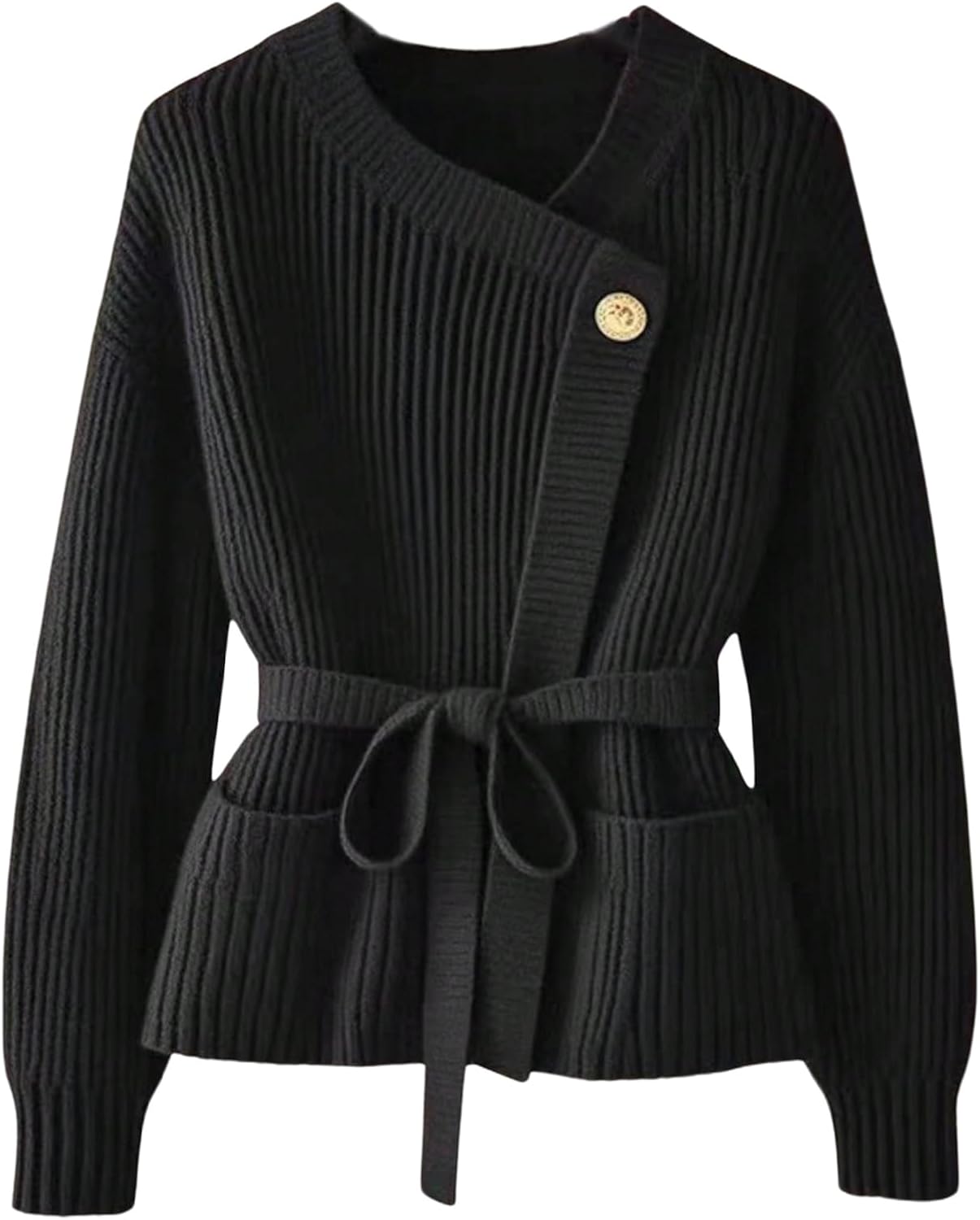 Verdusa Women's Old Money Ribbed Knit Cardigan Long Sleeve Asymmetrical Belted Sweaters