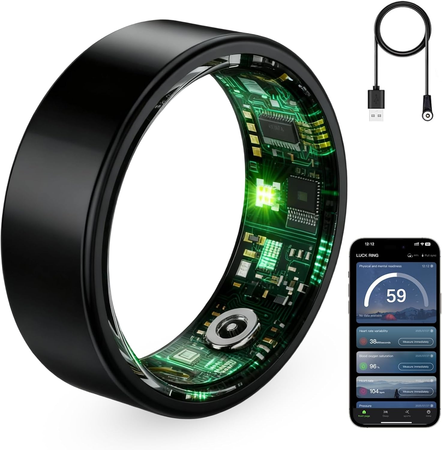 Smart Ring for Women & Men, Fitness Tracker Ring with Heart Rate Monitor, HRV, Sleep Tracking, No Subscription Fee, 10ATM Waterproof Activity Ring for iPhone & Android (Black, 12)