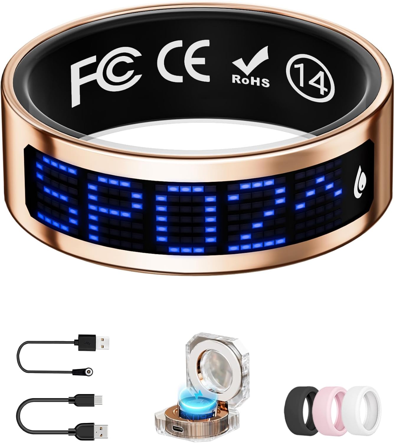 Smart Ring for Women & Men with Display, Health Ring with Heart Rate, Sleep Monitor, IP68 Waterproof Fitness Ring, Fitness Tracker Ring, No APP Fee for iPhone and Android (Rose Gold, 14#)