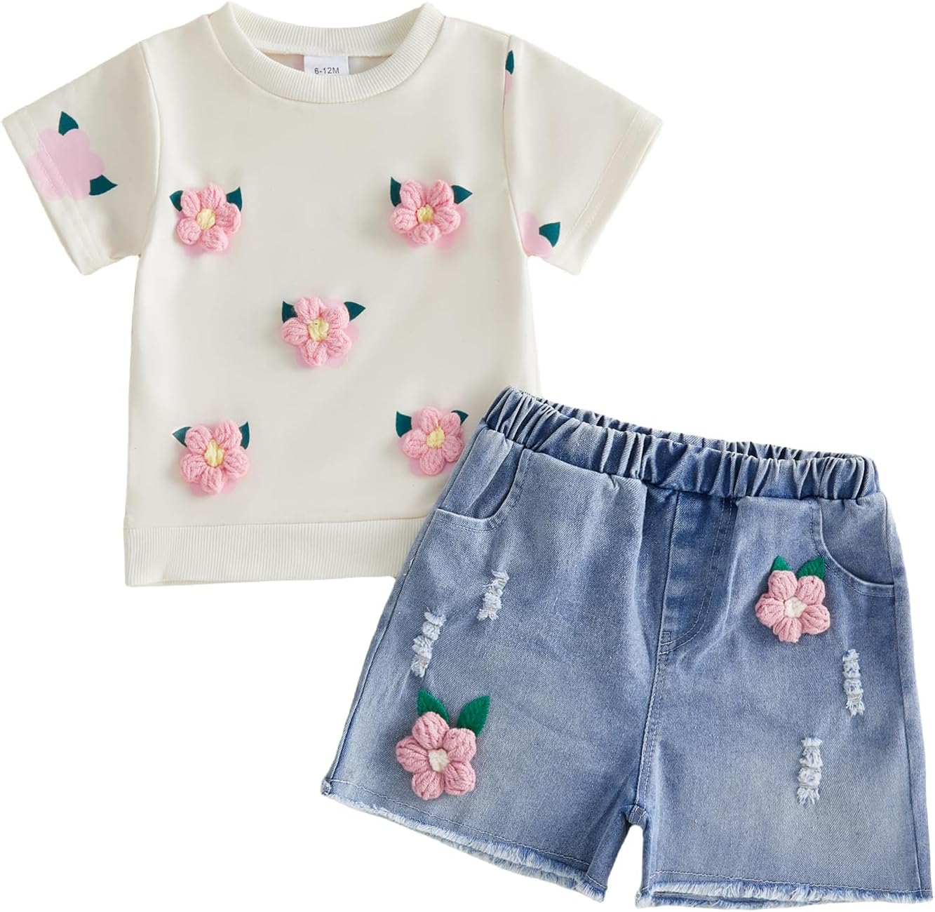 YINGISFITM Toddler Baby Girl Clothes Summer Floral Print Short Sleeve Tee Shirt Jeans Shorts Cute Outfit Girls Clothing Set