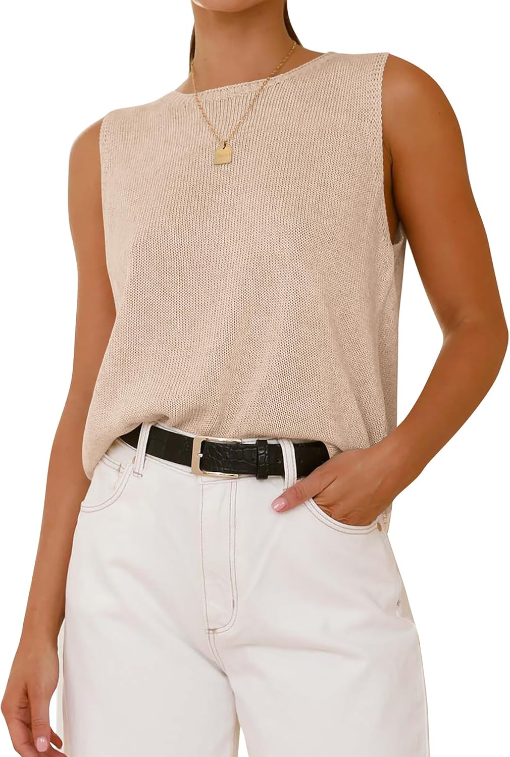 BTFBM Sleeveless Sweater Tops for Women 2026 Crew Neck Lightweight Casual Loose Tank Summer Outfits Fashion Clothing