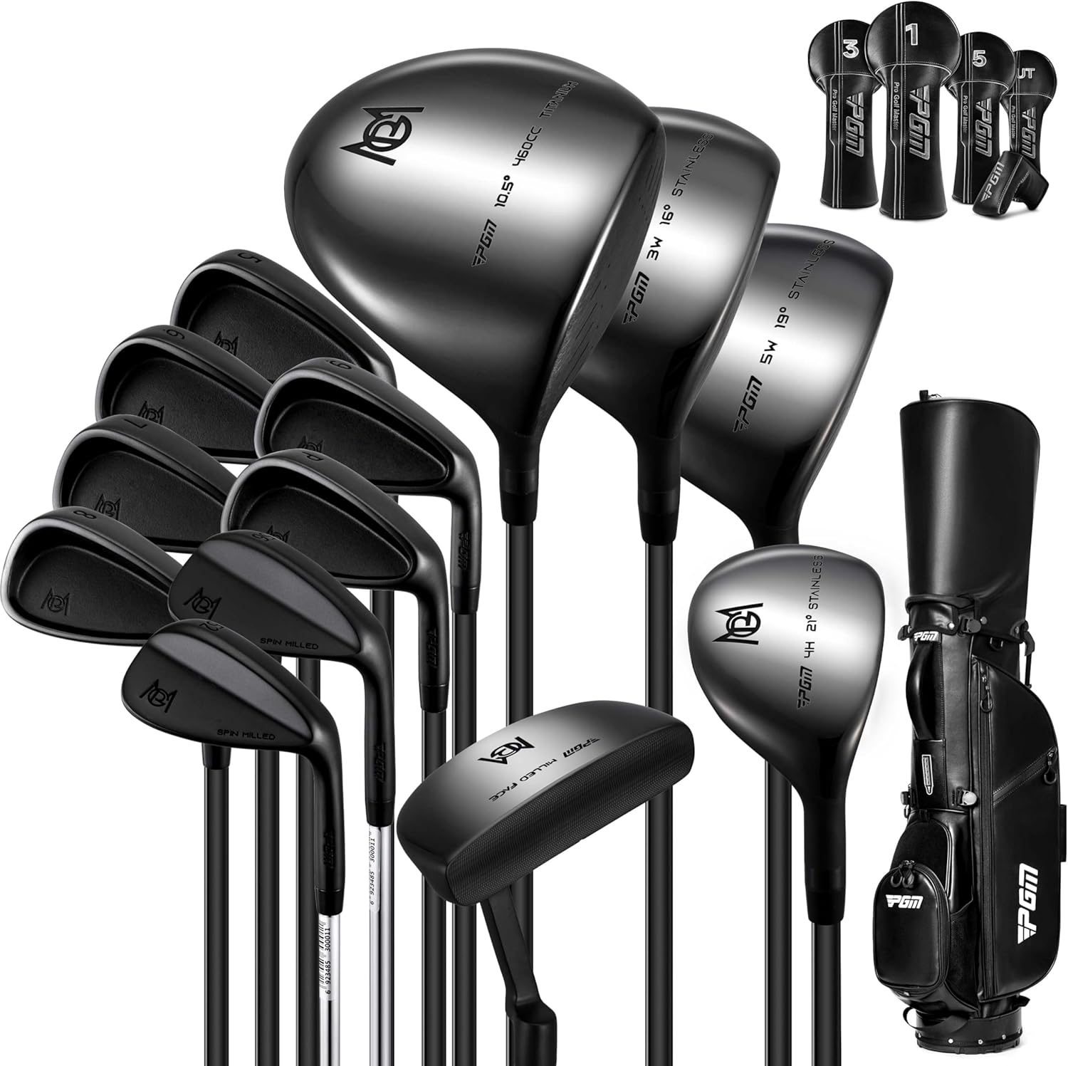 PGM 19 Piece Men's Complete Golf Club Sets - Ultra-Thin Face Titanium Driver (0.85+ COR), High COR Fairway Woods, Forged Irons, Precision CNC Milled Putter, with Stand Bag - Right Handed