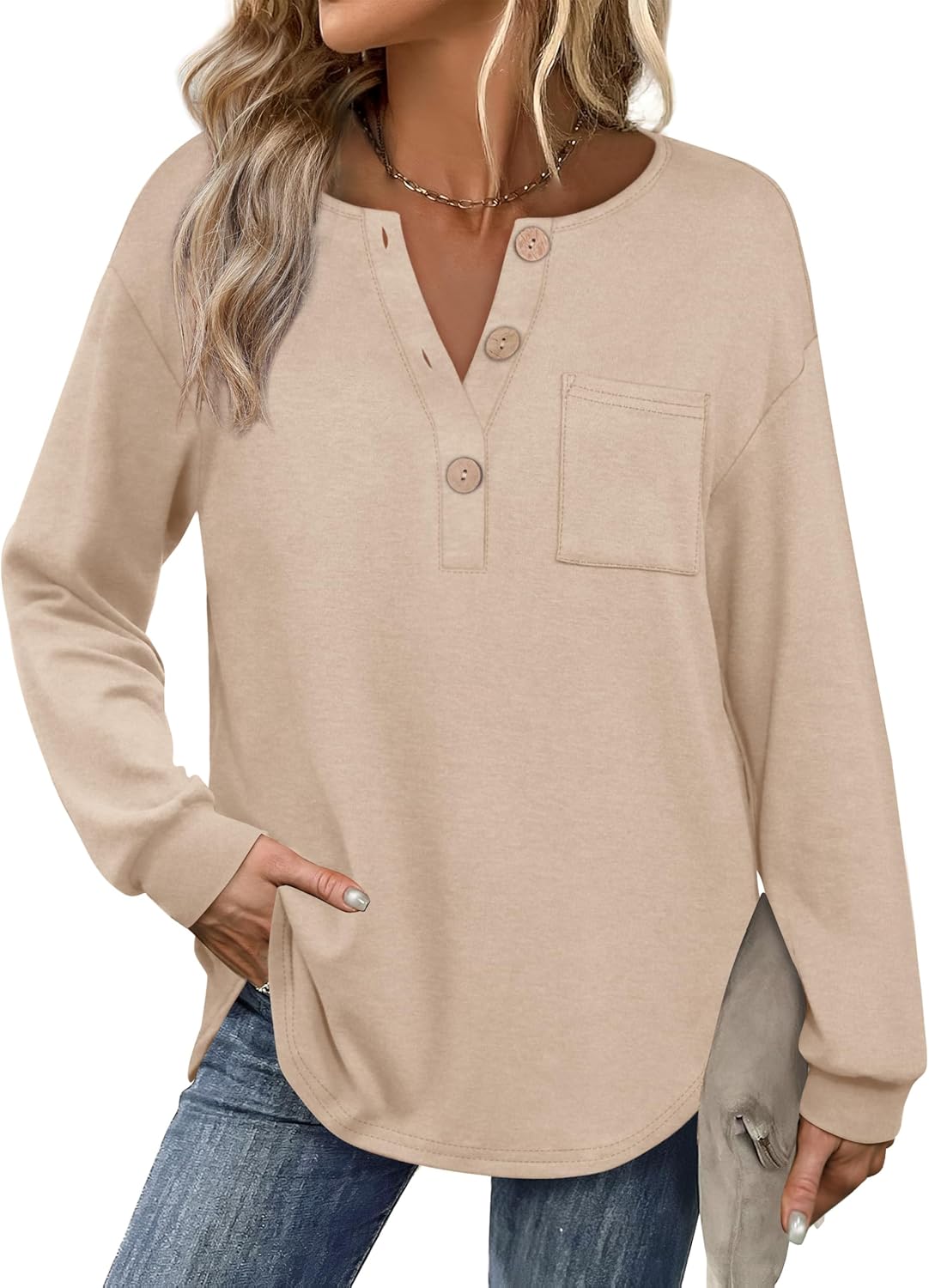 OFEEFAN Womens Tops Long Sleeve Curved Hem Tunic Tops V Neck Henley Shirts for Women Dressy Casual with Pocket
