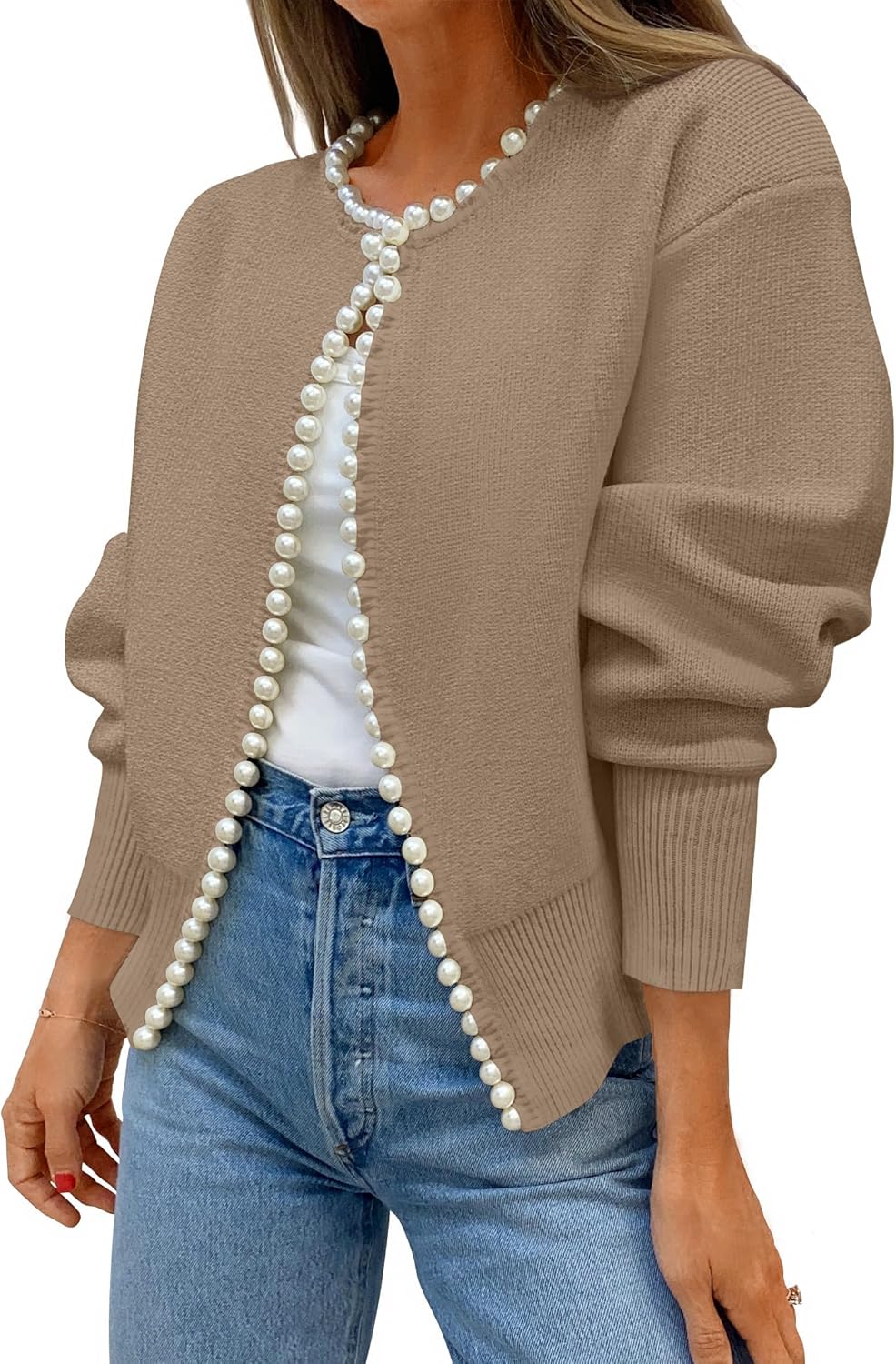 ZESICA Women's Open Front Cardigan Sweater 2026 Spring Casual Knitted Long Sleeve Pearls Trim Outerwear Coat Trendy Clothes