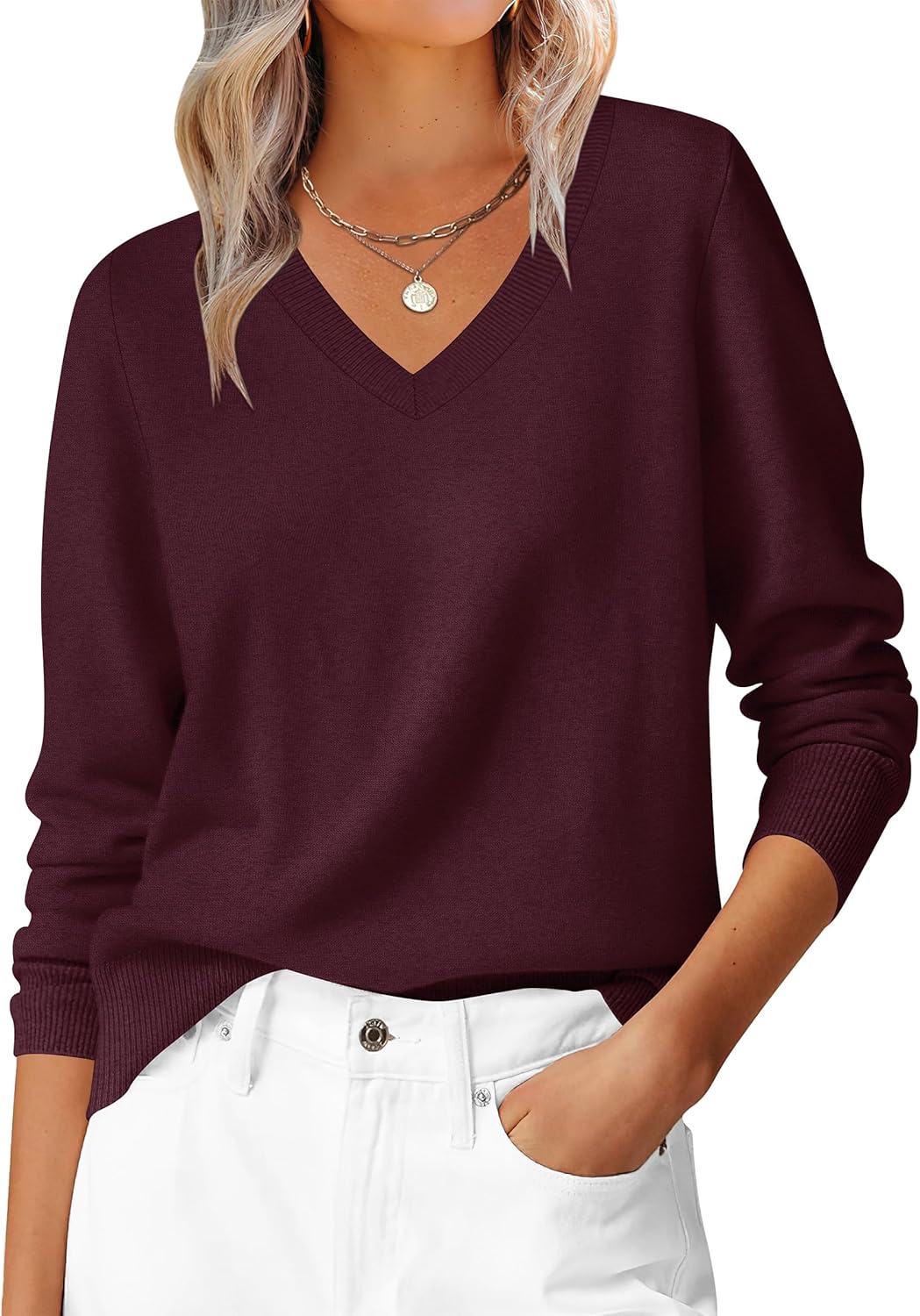 ANRABESS Womens Long Sleeve V Neck Sweaters 2026 Fall Casual Classic Soft Loose Fit Basic Pullover Jumper Top