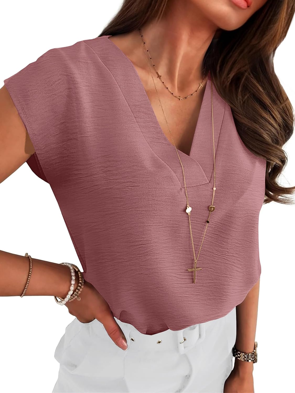 ANRABESS Women Tops Cap Sleeve Dressy Casual V Neck Shirts 2026 Summer Business Work Blouses Outfits Trendy Spring Clothing