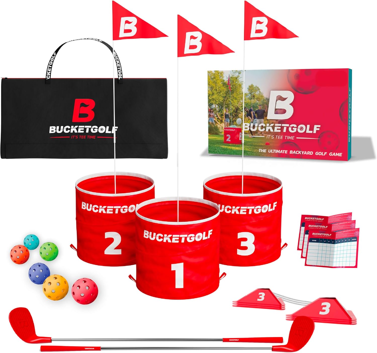 bucketgolf Original Game 3 Hole Travel Set with Clubs - #1 New Backyard Golf Game for the Yard and All Ages Adults and Kids. Beach, Park, School. (1 Right + 1 Left Club)